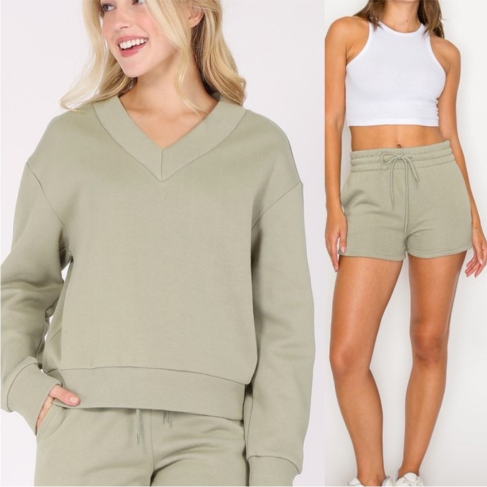 Rosie Olive Green V-neck sweatshirt and short set NEW